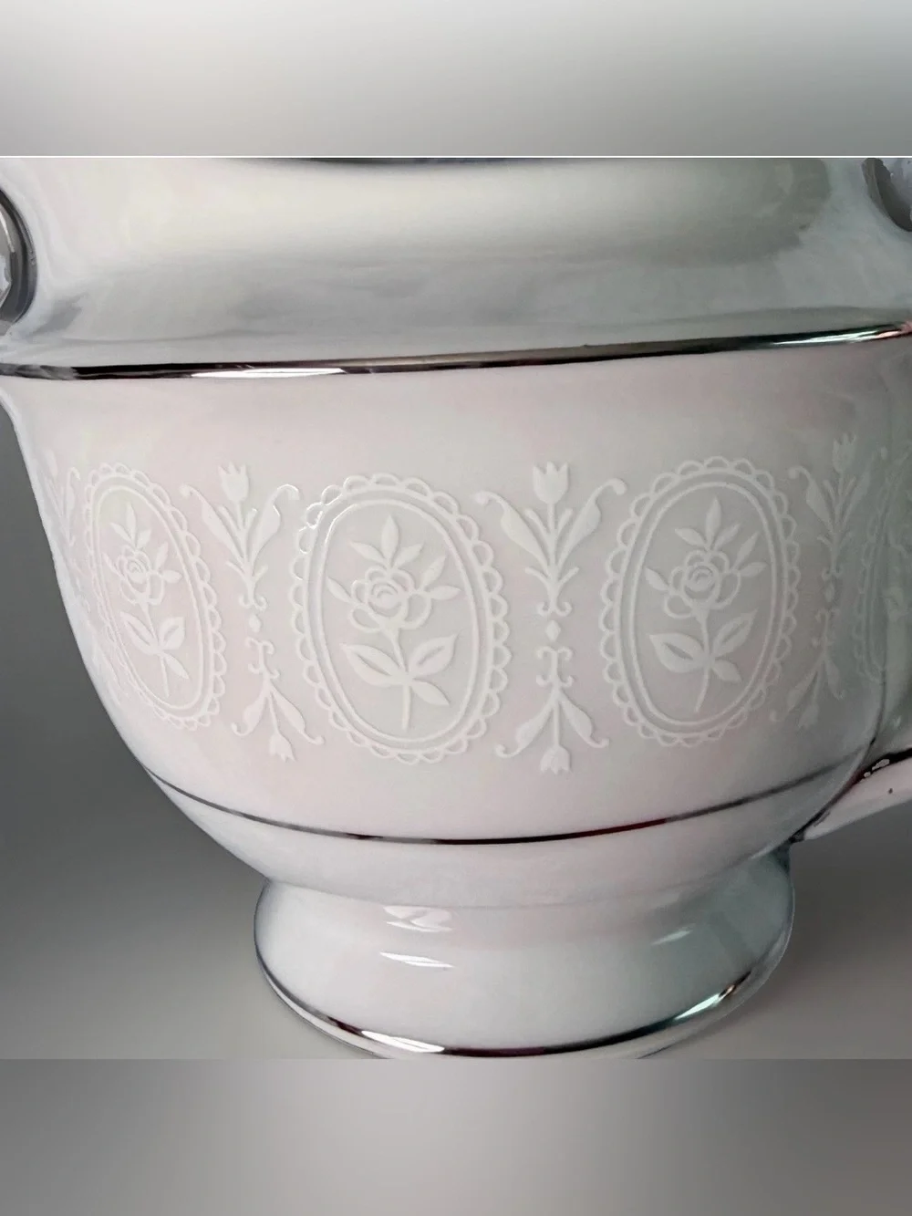 Vintage Creamer Sone China Japan Moderne 2467 Platinum Trim White Floral Scroll